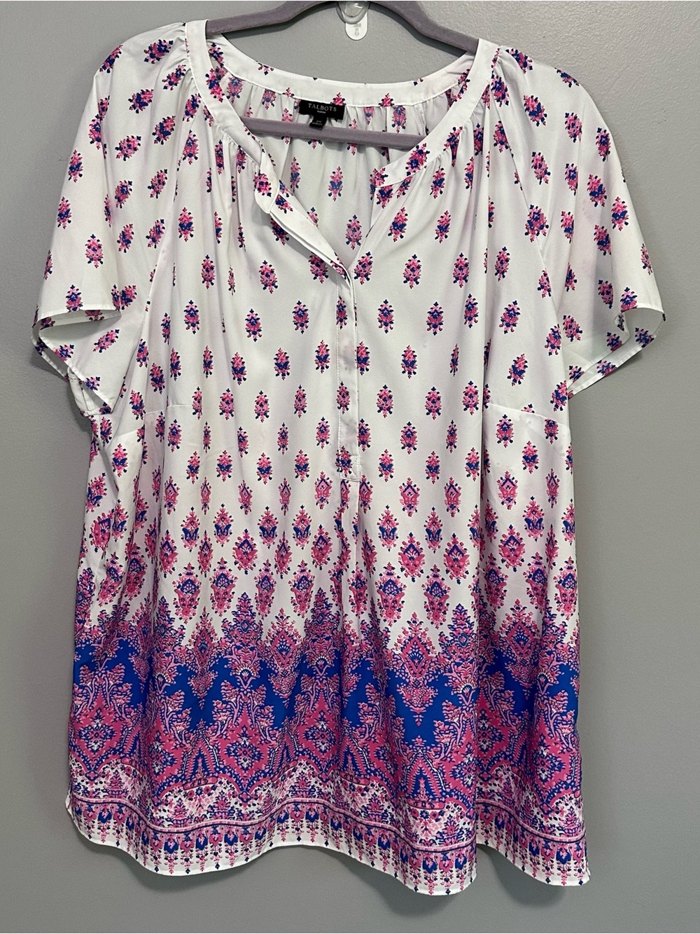 Talbots Woman 2X Floral Border Print Blouse Top Pink Blue White Plus Size